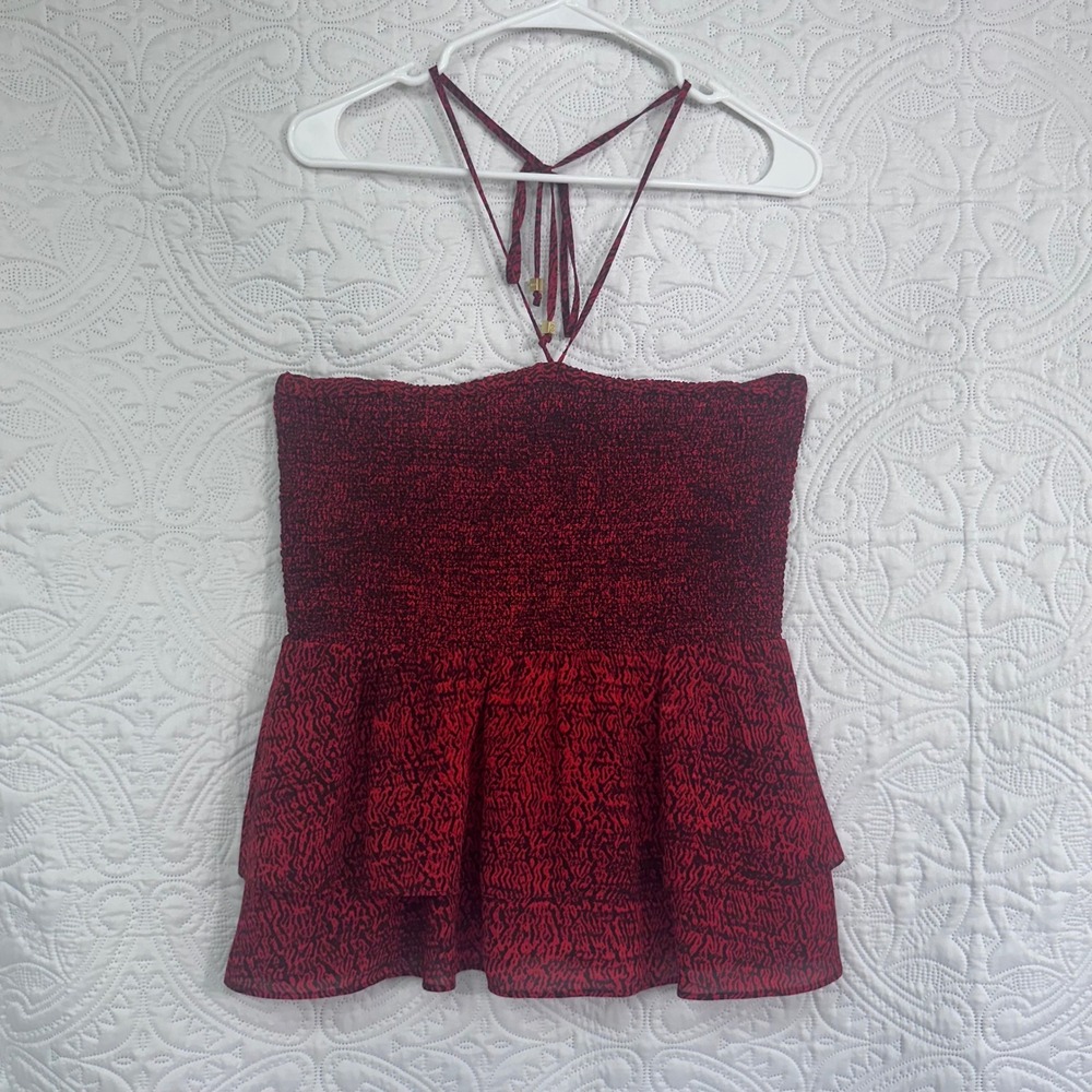 Michael Kors Red Black Abstract Print Smocked Peplum Halter Top MK Logo Hardware